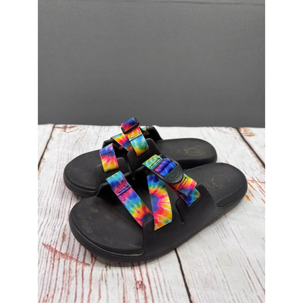 Chaco Chillos Slide Sandals Kids Black Rainbow Tie Dye Adjustable Straps Size 5‎
